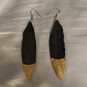 Black & gold leather feather earrings